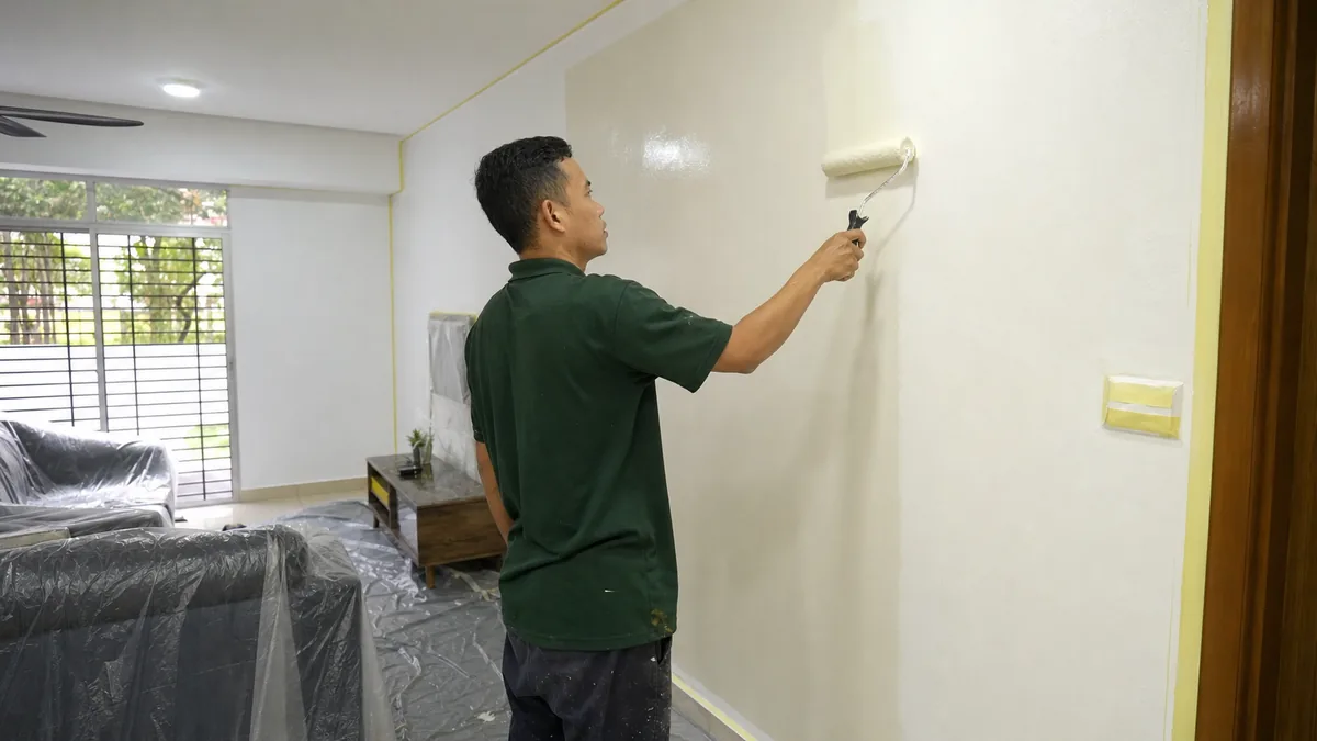 Kerja mengecat dinding dijalankan dengan ruang dilindungi
