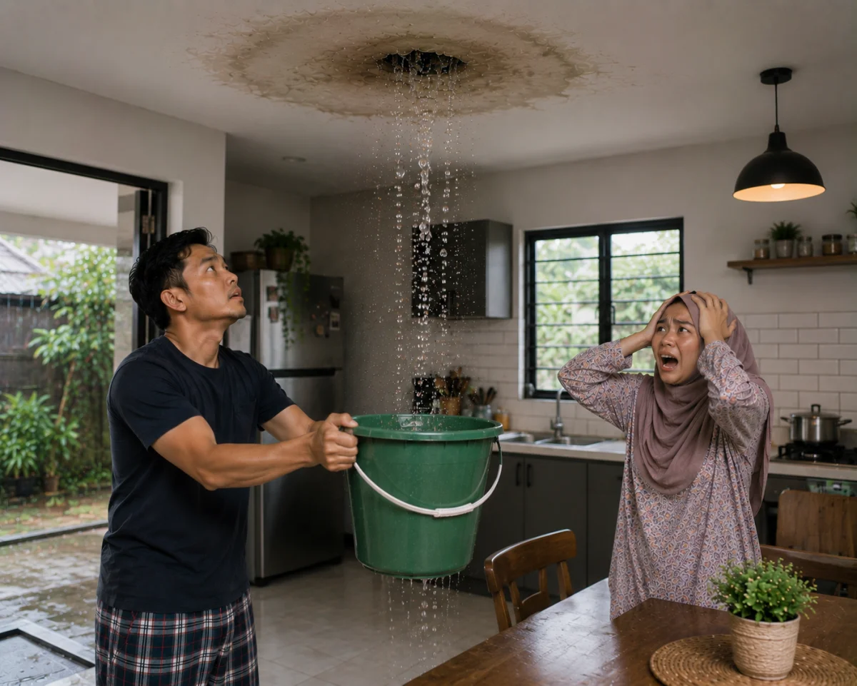 Baldi menadah air di ruang tamu, tompok bocor pada siling rumah