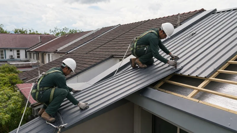 Pemasangan atap baharu oleh pekerja dengan peralatan keselamatan