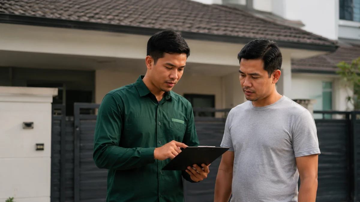 Juruteknik mengukur atap dan menyediakan sebut harga