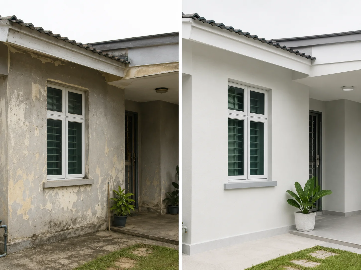 Perbandingan sebelum dan selepas servis mengecat rumah oleh JAYABINA